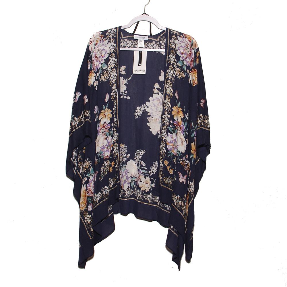 NEW Nine West Floral Cardigan Kimono Topper Top One Size Navy